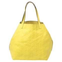 Pre Owned Carolina Herrera Neon Yellow Embossed Leather Matryoshka Tote