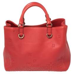 Pre Owned Carolina Herrera Red Leather Logo Embossed Charm Tote