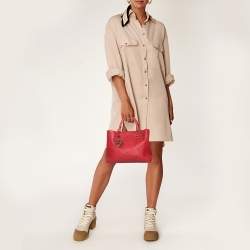 Pre Owned Carolina Herrera Red Leather Logo Embossed Charm Tote