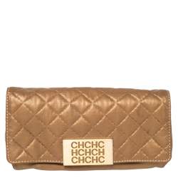 Pre Owned Carolina Herrera Metallic Beige Quilted Leather Flap Clutch
