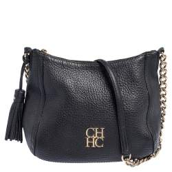 Pre Owned Carolina Herrera Black Leather Chain Tassel Shoulder Bag