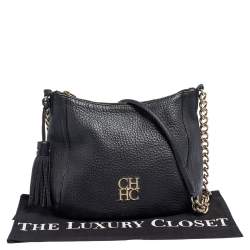 Pre Owned Carolina Herrera Black Leather Chain Tassel Shoulder Bag