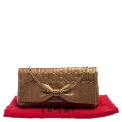 Pre Owned Carolina Herrera Gold Monogram Embossed Leather Bow Chain Clutch