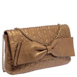 Pre Owned Carolina Herrera Gold Monogram Embossed Leather Bow Chain Clutch