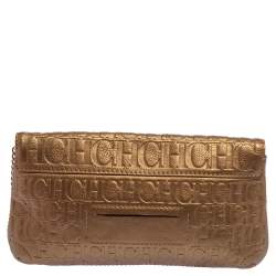Pre Owned Carolina Herrera Gold Monogram Embossed Leather Bow Chain Clutch