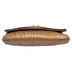 Pre Owned Carolina Herrera Gold Monogram Embossed Leather Bow Chain Clutch