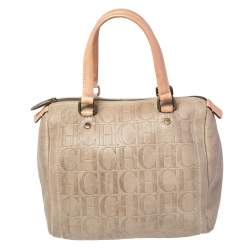 Pre Owned Carolina Herrera Beige Monogram Embossed Leather Andy Boston Bag