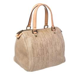 Pre Owned Carolina Herrera Beige Monogram Embossed Leather Andy Boston Bag
