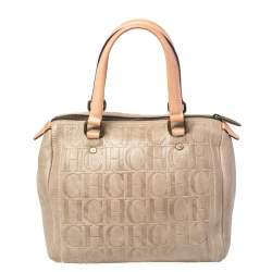 Pre Owned Carolina Herrera Beige Monogram Embossed Leather Andy Boston Bag
