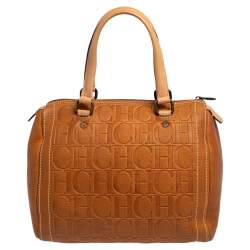 Pre Owned Carolina Herrera Brown Monogram Embossed Leather Andy Boston Bag