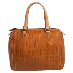 Pre Owned Carolina Herrera Brown Monogram Embossed Leather Andy Boston Bag