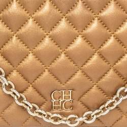 Carolina Herrera Metallic Gold Quilted Leather Chain Flap Shoulder Bag