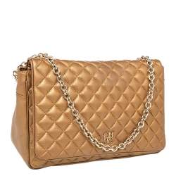Carolina Herrera Metallic Gold Quilted Leather Chain Flap Shoulder Bag