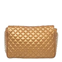 Carolina Herrera Metallic Gold Quilted Leather Chain Flap Shoulder Bag