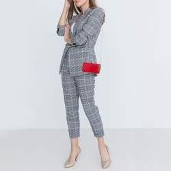 Pre Owned Carolina Herrera Red Chevron Leather Metal Frame Chain Clutch