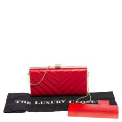 Pre Owned Carolina Herrera Red Chevron Leather Metal Frame Chain Clutch