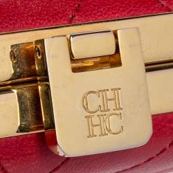 Pre Owned Carolina Herrera Red Chevron Leather Metal Frame Chain Clutch