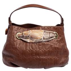 Pre Owned Carolina Herrera Brown Monogram Embossed Leather Scarf Hobo