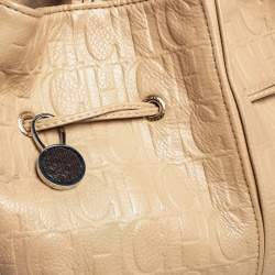 Pre Owned Carolina Herrera Beige Monogram Embossed Leather Drawstring Tote