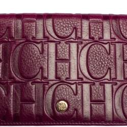 Pre Owned Carolina Herrera Purple Monogram Embossed Leather Bifold Wallet Organizer  