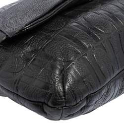 Pre Owned Carolina Herrera Black Embossed Leather Bow Flap Shoulder Bag