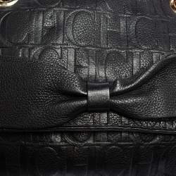 Pre Owned Carolina Herrera Black Embossed Leather Bow Flap Shoulder Bag