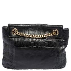 Pre Owned Carolina Herrera Black Embossed Leather Bow Flap Shoulder Bag