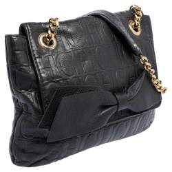 Pre Owned Carolina Herrera Black Embossed Leather Bow Flap Shoulder Bag