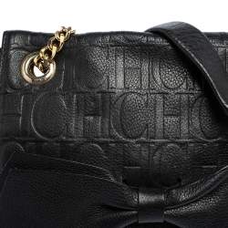 Pre Owned Carolina Herrera Black Embossed Leather Bow Flap Shoulder Bag