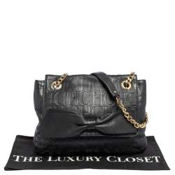 Pre Owned Carolina Herrera Black Embossed Leather Bow Flap Shoulder Bag