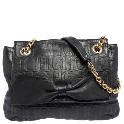 Pre Owned Carolina Herrera Black Embossed Leather Bow Flap Shoulder Bag
