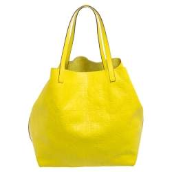 Pre Owned Carolina Herrera Neon Yellow Embossed Leather Matryoshka Tote