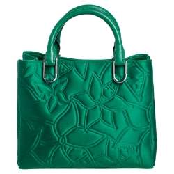 Pre Owned Carolina Herrera Green Floral Embossed Satin Tote