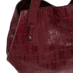 Pre Owned Carolina Herrera Burgundy Monogram Embossed Leather Middle Zip Satchel