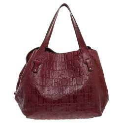 Pre Owned Carolina Herrera Burgundy Monogram Embossed Leather Middle Zip Satchel