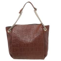 Pre Owned Carolina Herrera Brown Monogram Leather Chain Tote