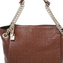 Pre Owned Carolina Herrera Brown Monogram Leather Chain Tote