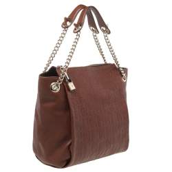 Pre Owned Carolina Herrera Brown Monogram Leather Chain Tote