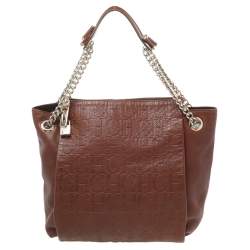 Pre Owned Carolina Herrera Brown Monogram Leather Chain Tote