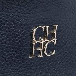 Pre Owned Carolina Herrera Navy Blue Embossed Leather Minuetto Flap Top Handle Bag