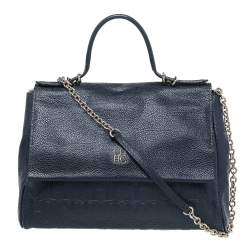 Pre Owned Carolina Herrera Navy Blue Embossed Leather Minuetto Flap Top Handle Bag