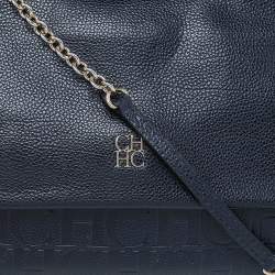 Pre Owned Carolina Herrera Navy Blue Embossed Leather Minuetto Flap Top Handle Bag