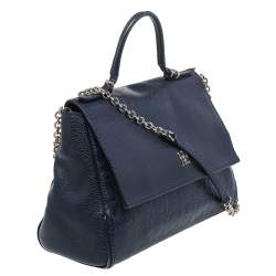 Pre Owned Carolina Herrera Navy Blue Embossed Leather Minuetto Flap Top Handle Bag