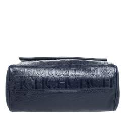 Pre Owned Carolina Herrera Navy Blue Embossed Leather Minuetto Flap Top Handle Bag