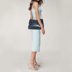 Pre Owned Carolina Herrera Navy Blue Embossed Leather Minuetto Flap Top Handle Bag