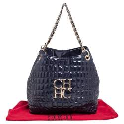 Pre Owned Carolina Herrera Purple Croc Embossed Patent Leather Logo Chain Shoulder Bag
