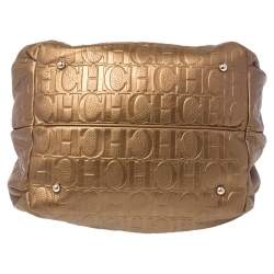 Pre Owned Carolina Herrera Golden Brown Embossed Leather Bow Bucket Shoulder Bag