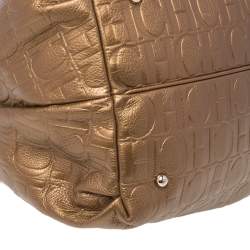 Pre Owned Carolina Herrera Golden Brown Embossed Leather Bow Bucket Shoulder Bag