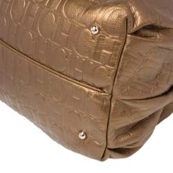 Pre Owned Carolina Herrera Golden Brown Embossed Leather Bow Bucket Shoulder Bag