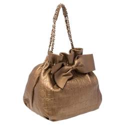 Pre Owned Carolina Herrera Golden Brown Embossed Leather Bow Bucket Shoulder Bag
